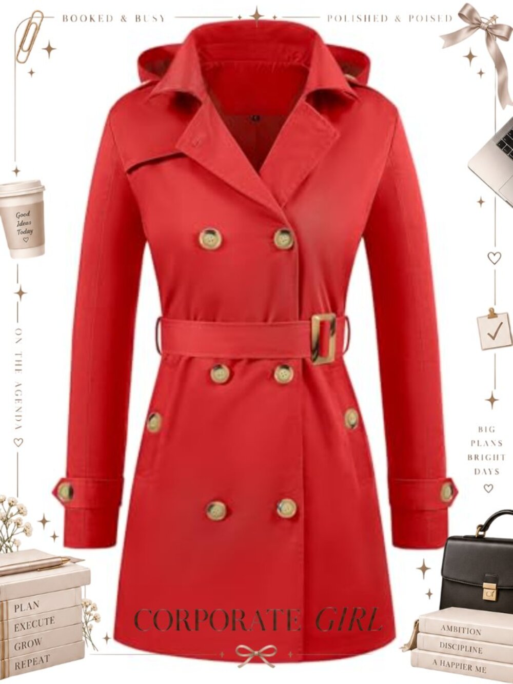 Women's Waterproof Trench Coat Lightweight Hooded Windbreaker with Belt
